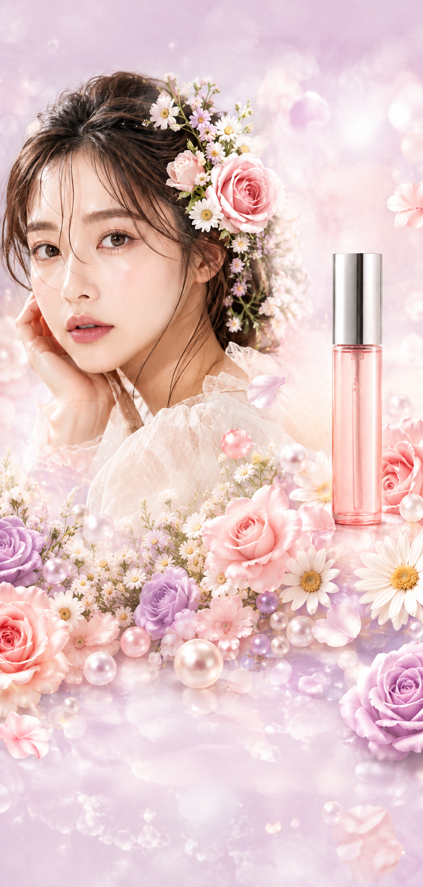 花を飾った女性と、ピンクの美容液ボトル。周りには淡い色の花と真珠。