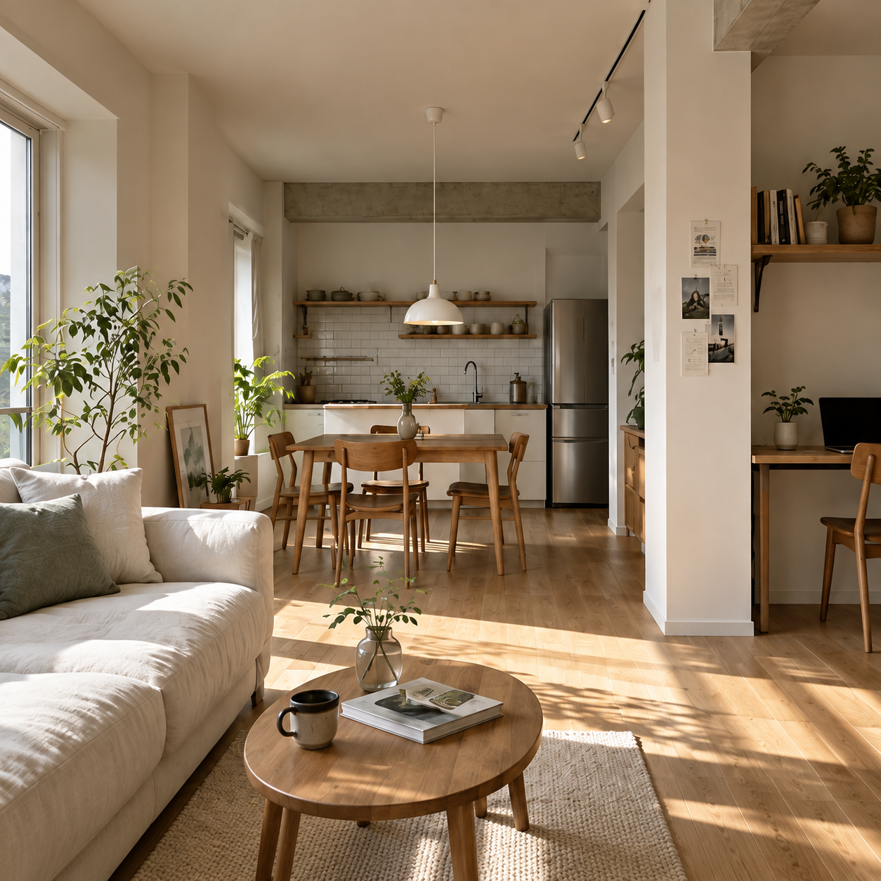 自然光が差す、リビング・ダイニングと仕事場をつなぐ架空の住まい